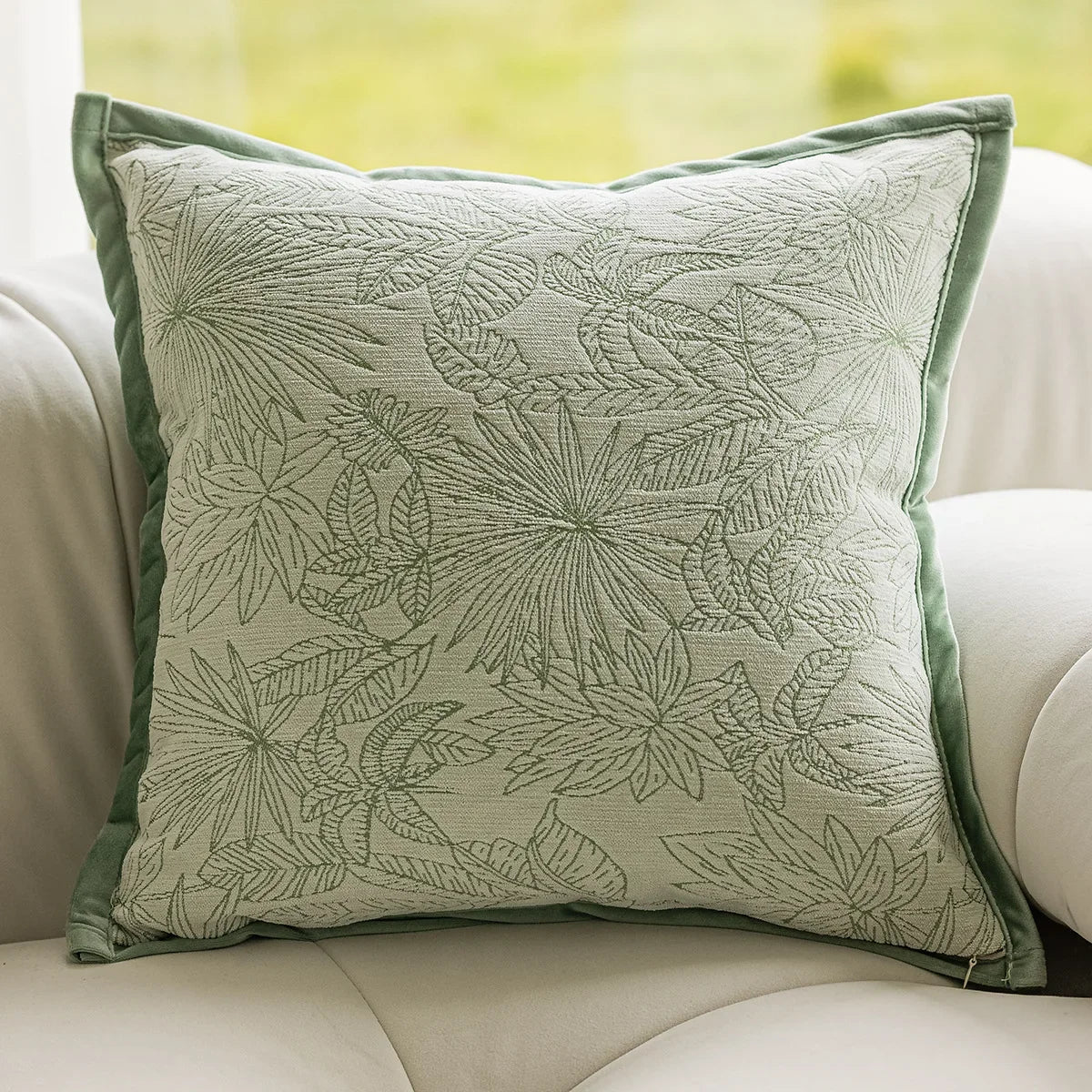 French pistachio-style jacquard pillow cover with soft pistachio tones and delicate floral and leaf patterns, perfect for adding charm and sophistication to sofas or living rooms.