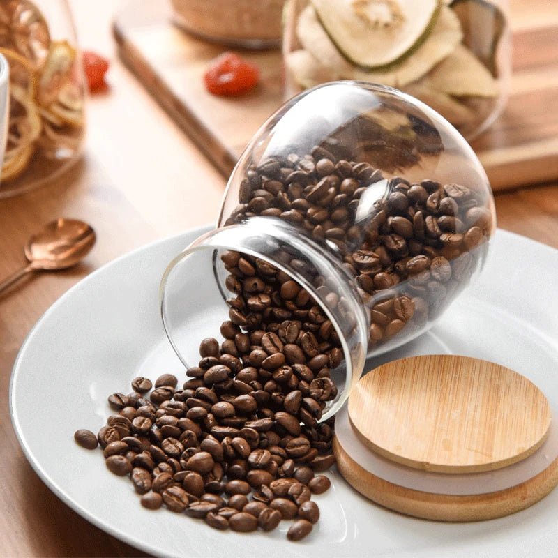 Glass Jar with wooden lid filled with coffee beans