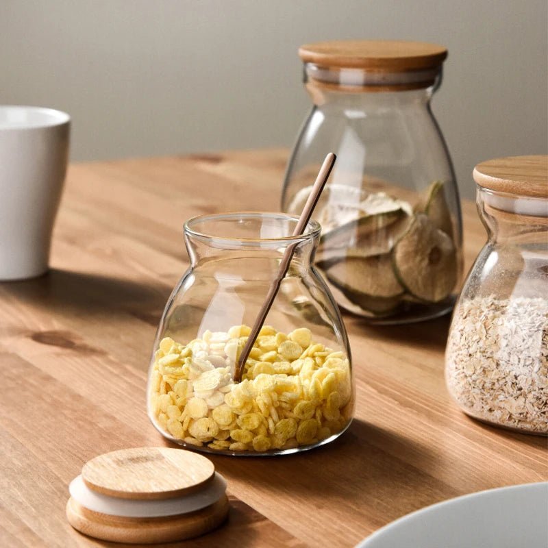 Glass Jar with wooden lid filled with dry goods