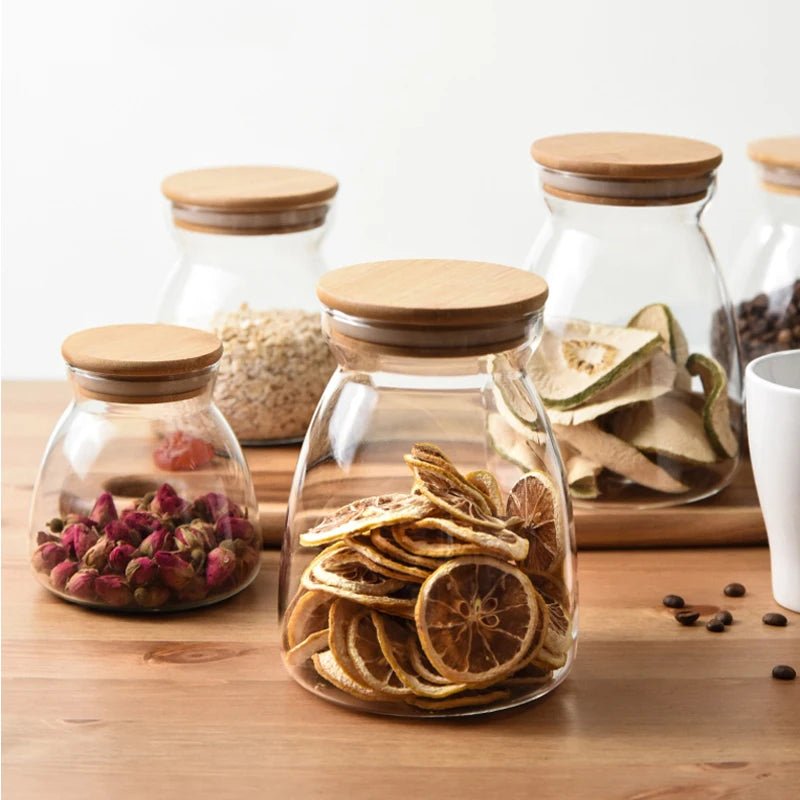 Glass Jar with wooden lid filled with seasonings and dried goods