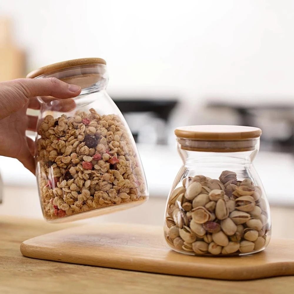 Glass Jar with wooden lid filled with nuts