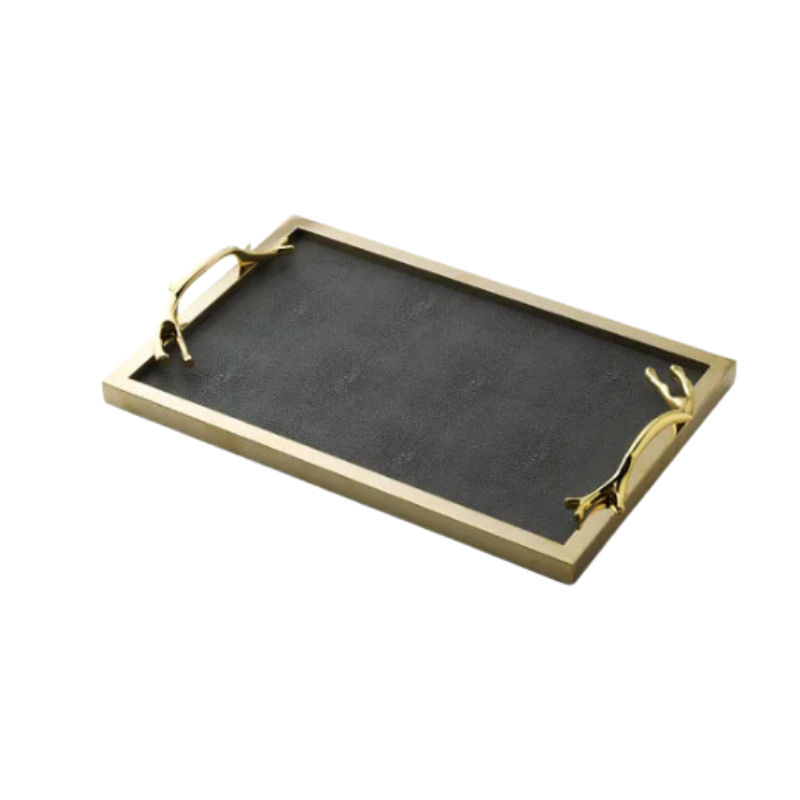 Golden Frame Leather Decorative Tray with Handle, enhancing a modern living room with elegance and functionality.