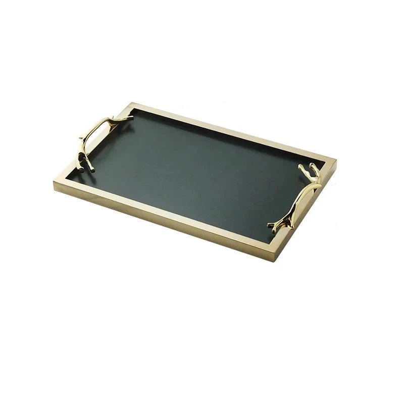 Golden Frame Leather Decorative Tray with Handle, enhancing a modern living room with elegance and functionality.