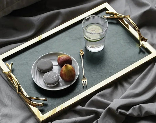 Golden Frame Leather Decorative Tray with Handle, enhancing a modern living room with elegance and functionality.