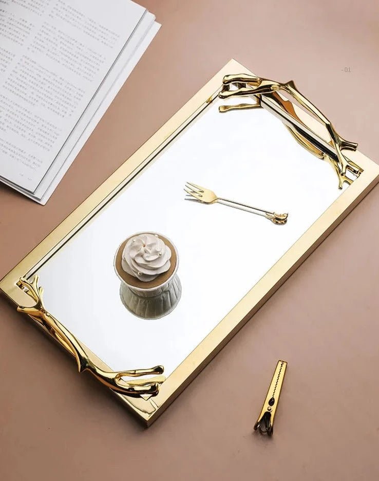 Golden Frame Mirror Decorative Tray with Handle