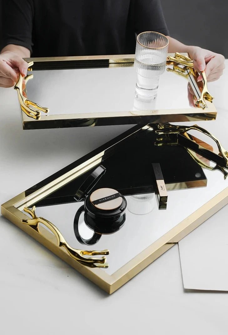 Golden Frame Mirror Decorative Tray with Handle