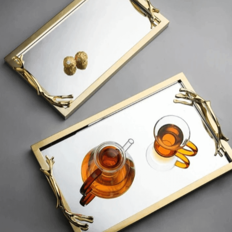 Golden Frame Mirror Decorative Tray with Handle