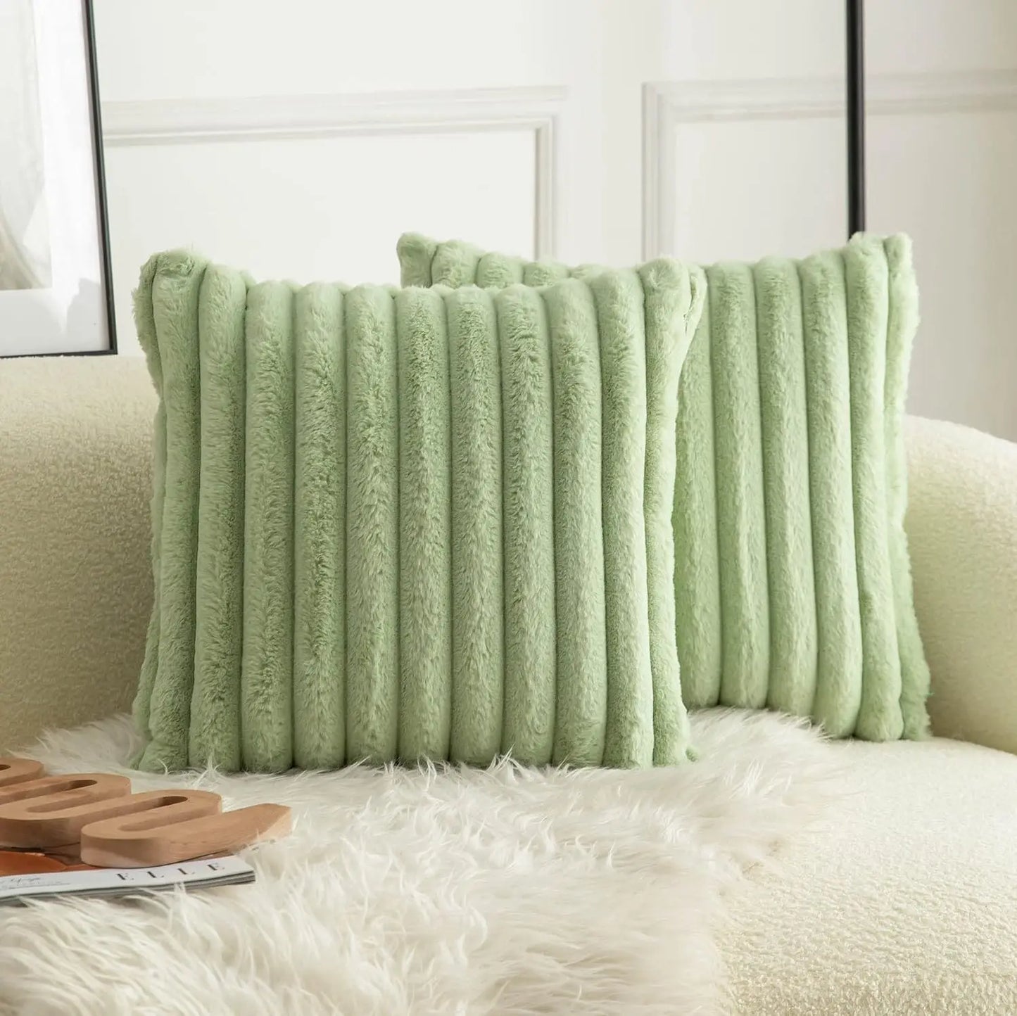 Green cushion covers with soft, plush fabric and minimalist striped design, perfect for adding comfort and style to sofas, living rooms, or cars.