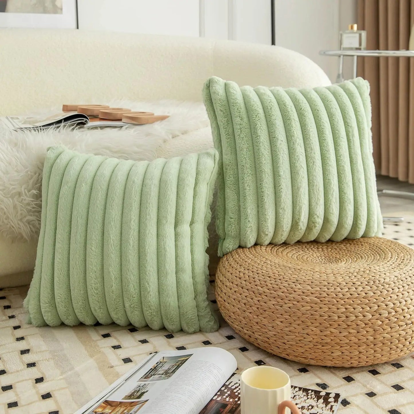 Green cushion covers with soft, plush fabric and minimalist striped design, perfect for adding comfort and style to sofas, living rooms, or cars.