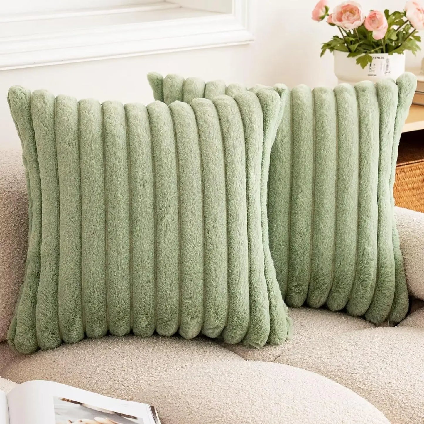 Green cushion covers with soft, plush fabric and minimalist striped design, perfect for adding comfort and style to sofas, living rooms, or cars.