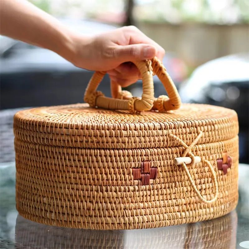 A handwoven storage basket made of natural fibers, showcasing intricate weaving patterns and a sturdy, rustic design.