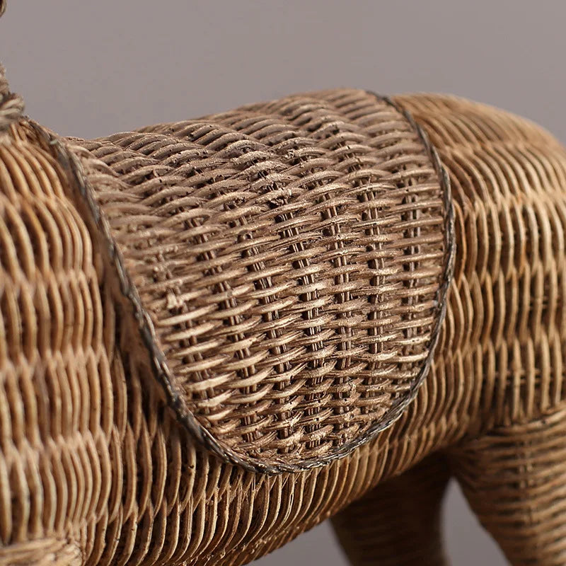 A beautiful handmade statue of a horse made from woven materials. 