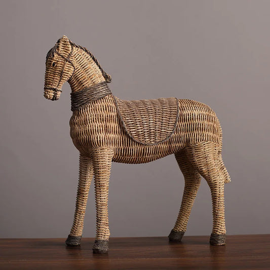 A beautiful handmade statue of a horse made from woven materials. 