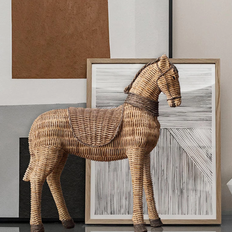 A beautiful handmade statue of a horse made from woven materials. 