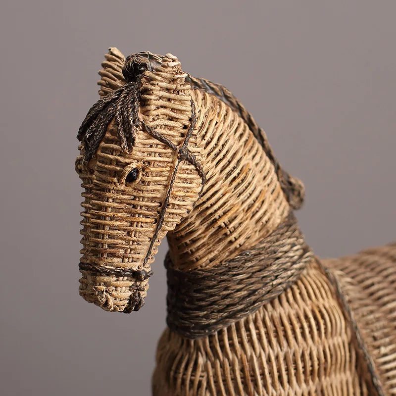 A beautiful handmade statue of a horse made from woven materials. 