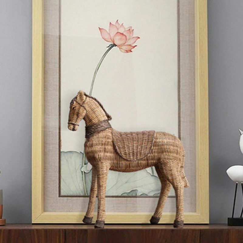 A beautiful handmade statue of a horse made from woven materials. 