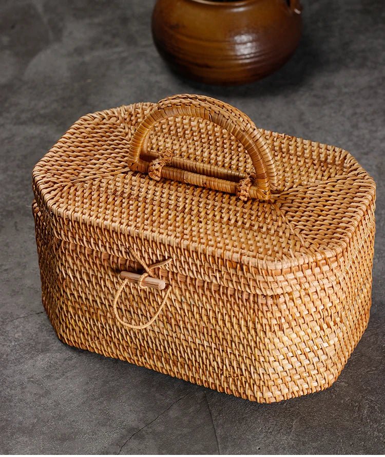 A handwoven storage basket made of natural fibers, showcasing intricate weaving patterns and a sturdy, rustic design.