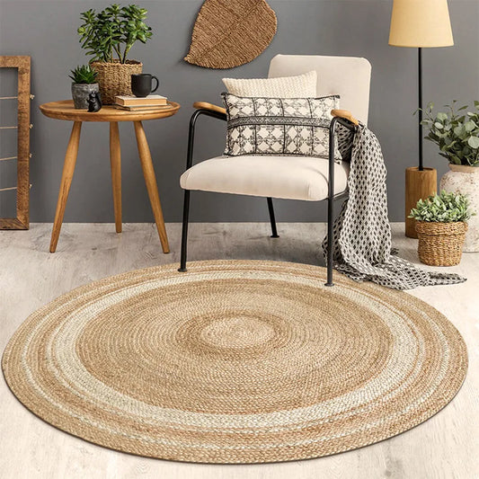 A handwoven natural jute carpet with a textured surface, made from eco-friendly materials for home décor.