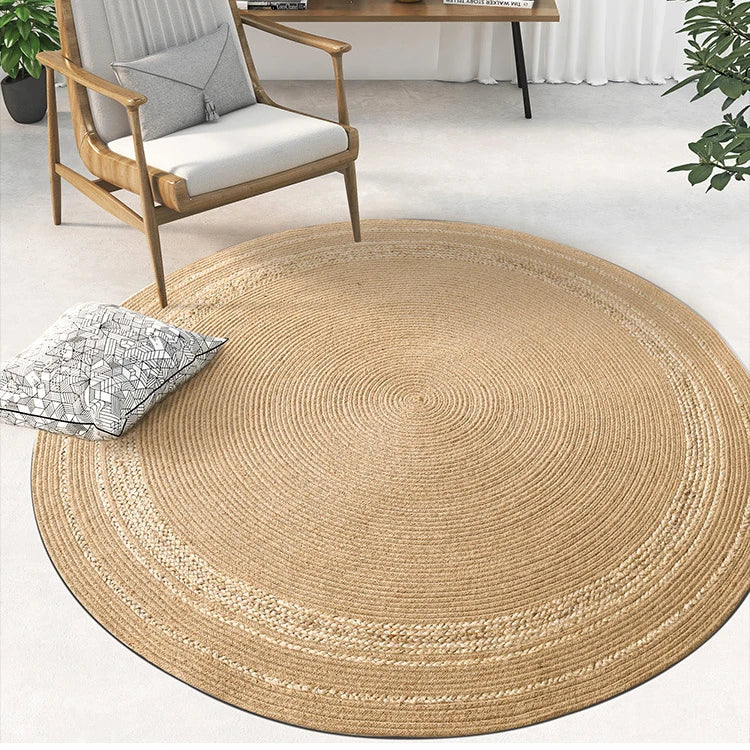 A handwoven natural jute carpet with a textured surface, made from eco-friendly materials for home décor.