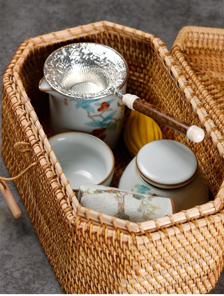 A handwoven storage basket made of natural fibers, showcasing intricate weaving patterns and a sturdy, rustic design.