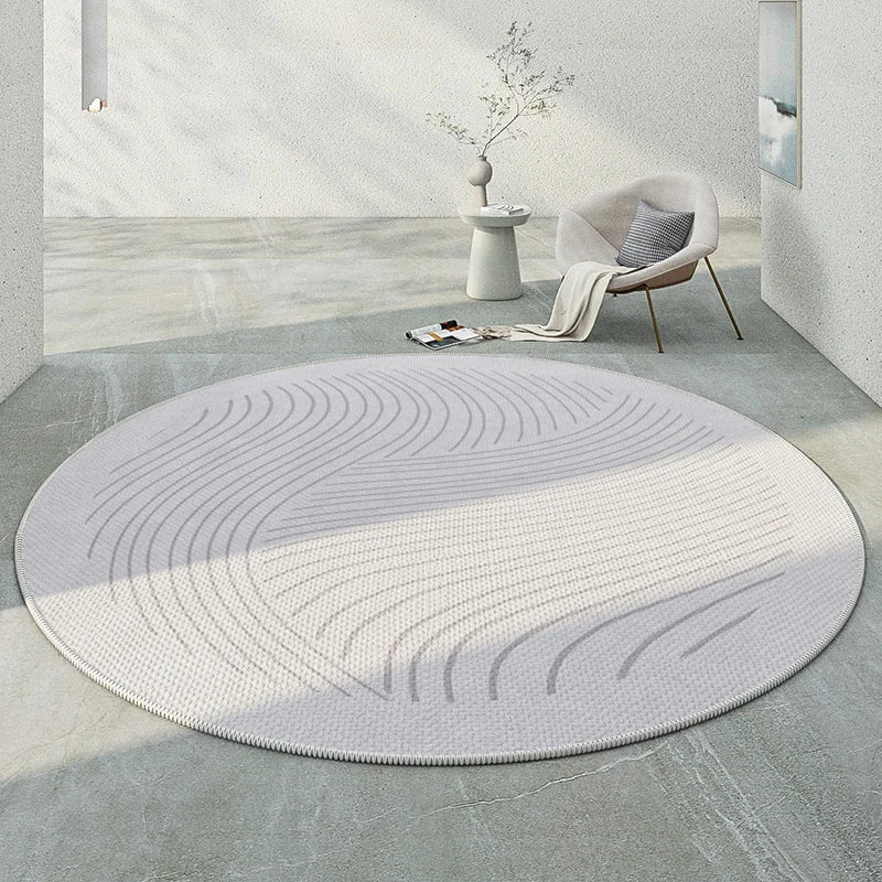 Japanese minimalist round rug in soft, neutral tones, perfect for modern home decor