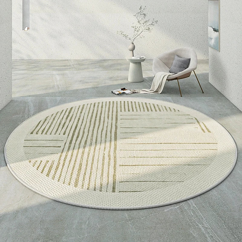 Japanese minimalist round rug in soft, neutral tones, perfect for modern home decor