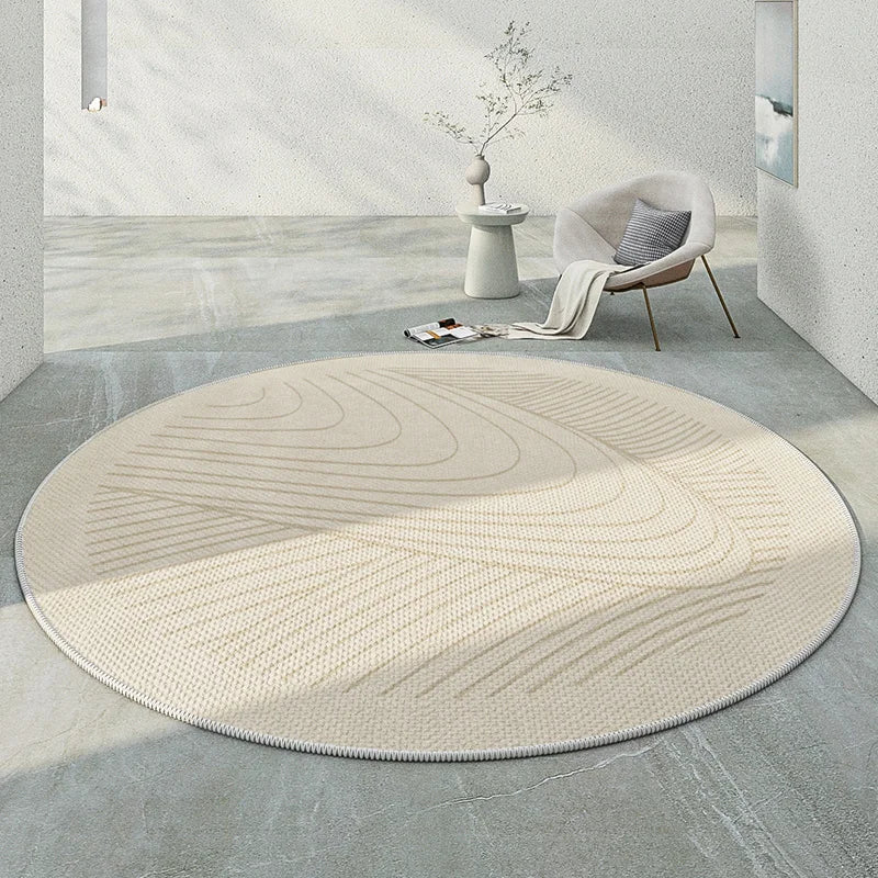 Japanese minimalist round rug in soft, neutral tones, perfect for modern home decor