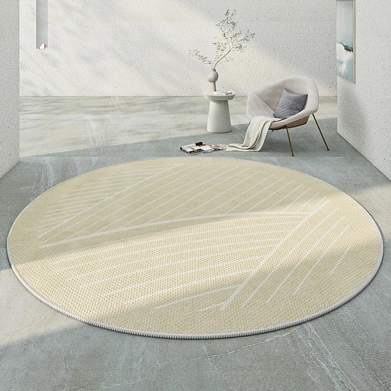 Japanese minimalist round rug in soft, neutral tones, perfect for modern home decor