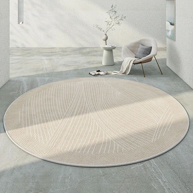 Japanese minimalist round rug in soft, neutral tones, perfect for modern home decor