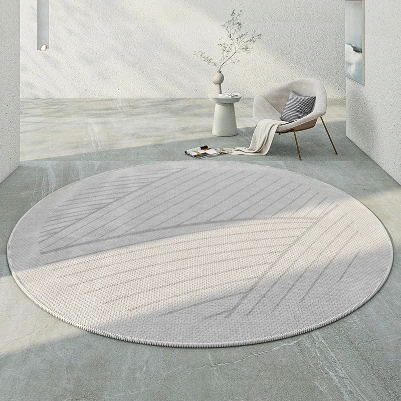 Japanese minimalist round rug in soft, neutral tones, perfect for modern home decor