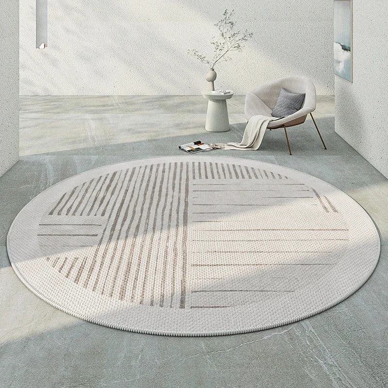 Japanese minimalist round rug in soft, neutral tones, perfect for modern home decor