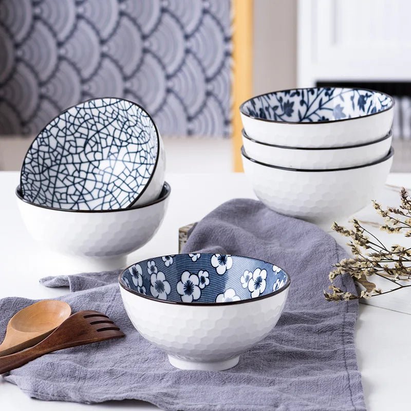 six japanese stylish bowls neatly arranged on a table.