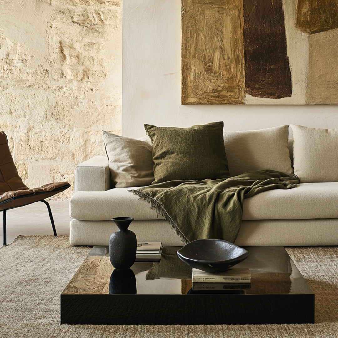 Modern minimalist living room with a white sofa, brown armchair, and a large black coffee table.