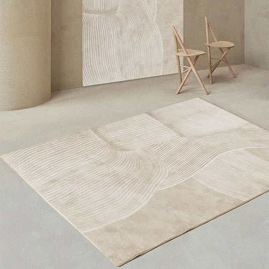 Minimalist Neutral Tone Plush Rug featuring abstract forms and soft textures, perfect for modern, boho, and minimalist interiors.