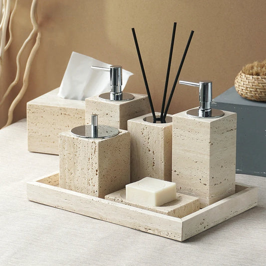 Natural Beige Marble Bathroom Accessory Set including soap dish, reed diffuser, soap dispenser, cotton swabs can, cup, and tray