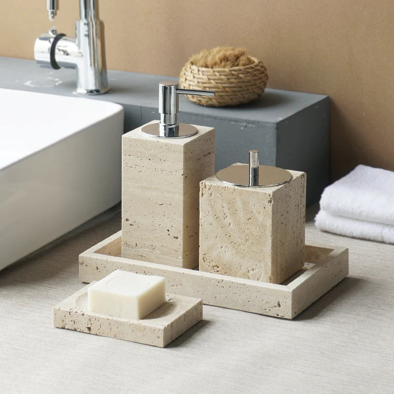 Natural Beige Marble Bathroom Accessory Set including soap dish, reed diffuser, soap dispenser, cotton swabs can, cup, and tray