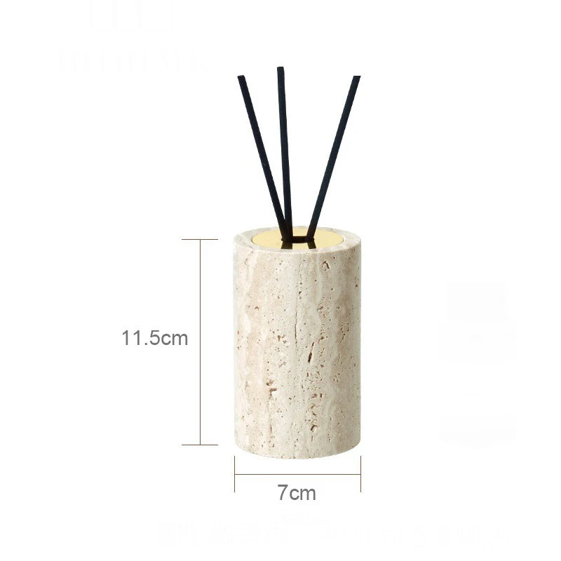 Natural Beige Marble Bathroom Accessory Set including soap dish, reed diffuser, soap dispenser, cotton swabs can, cup, and tray