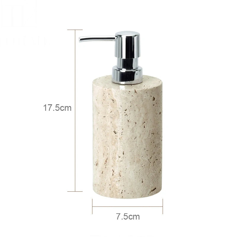 Natural Beige Marble Bathroom Accessory Set including soap dish, reed diffuser, soap dispenser, cotton swabs can, cup, and tray