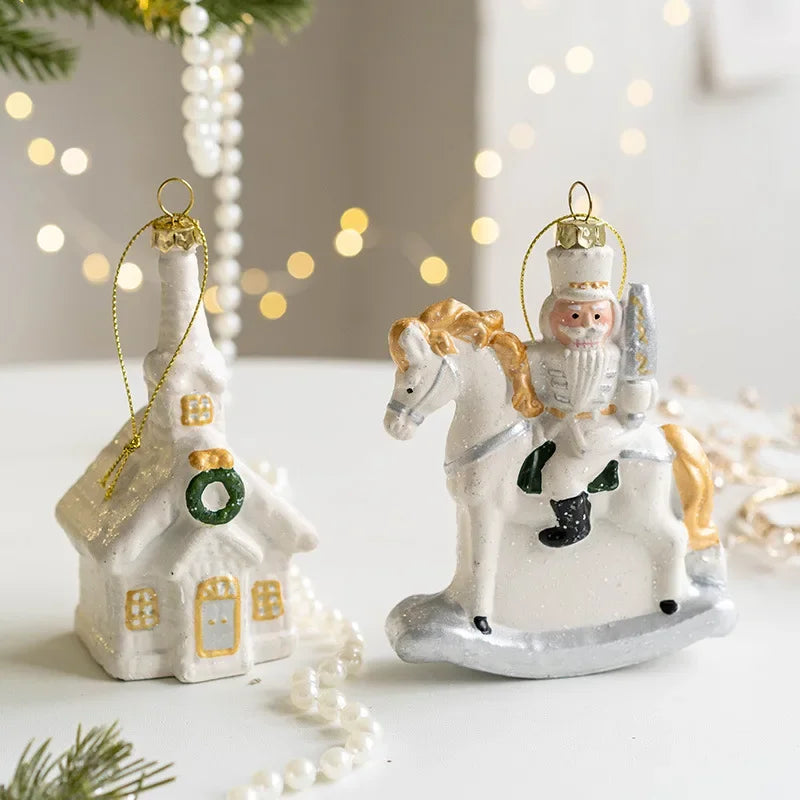 Nordic Christmas Charm Pendants in white and gold tones, featuring 10 designs such as a chimney house, polar bear, and soldier on horseback. Perfect for adding a rustic touch to festive holiday decor.