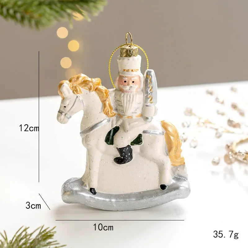 Nordic Christmas Charm Pendants in white and gold tones, featuring 10 designs such as a chimney house, polar bear, and soldier on horseback. Perfect for adding a rustic touch to festive holiday decor.