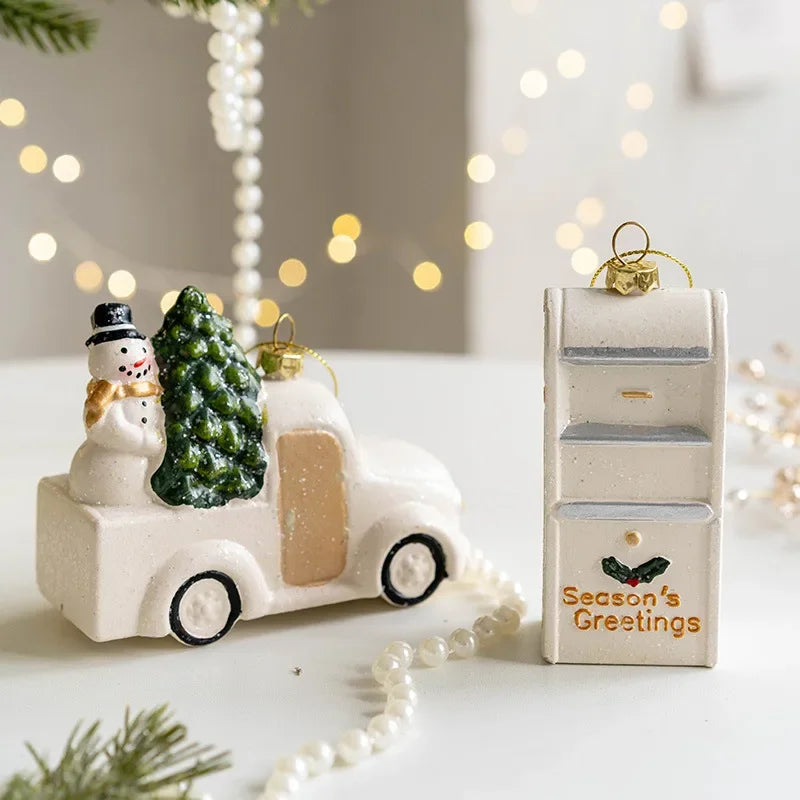 Nordic Christmas Charm Pendants in white and gold tones, featuring 10 designs such as a chimney house, polar bear, and soldier on horseback. Perfect for adding a rustic touch to festive holiday decor.