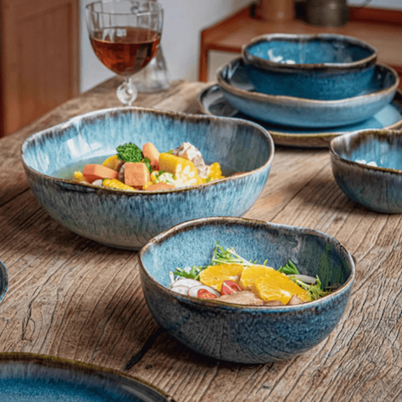 A stylish Ocean Breeze dinnerware set featuring modern design with ocean-inspired colours.