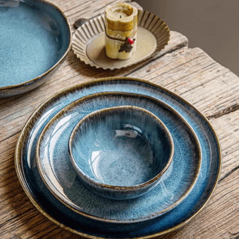 A stylish Ocean Breeze dinnerware set featuring modern design with ocean-inspired colours.