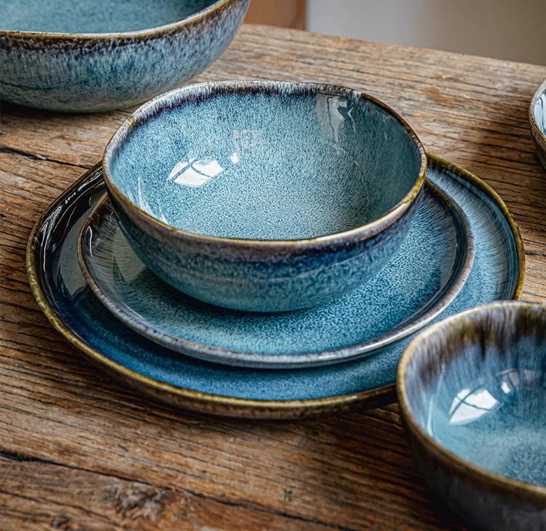 A stylish Ocean Breeze dinnerware set featuring modern design with ocean-inspired colours.