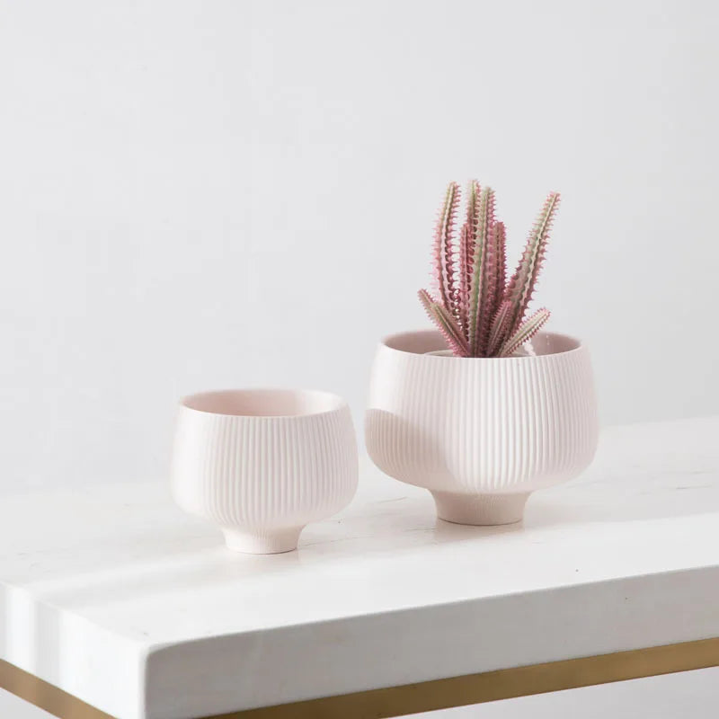 Pastel striped ceramic vases for home décor – minimalist pots for potted plants or flowers, perfect for desk or room decoration.

