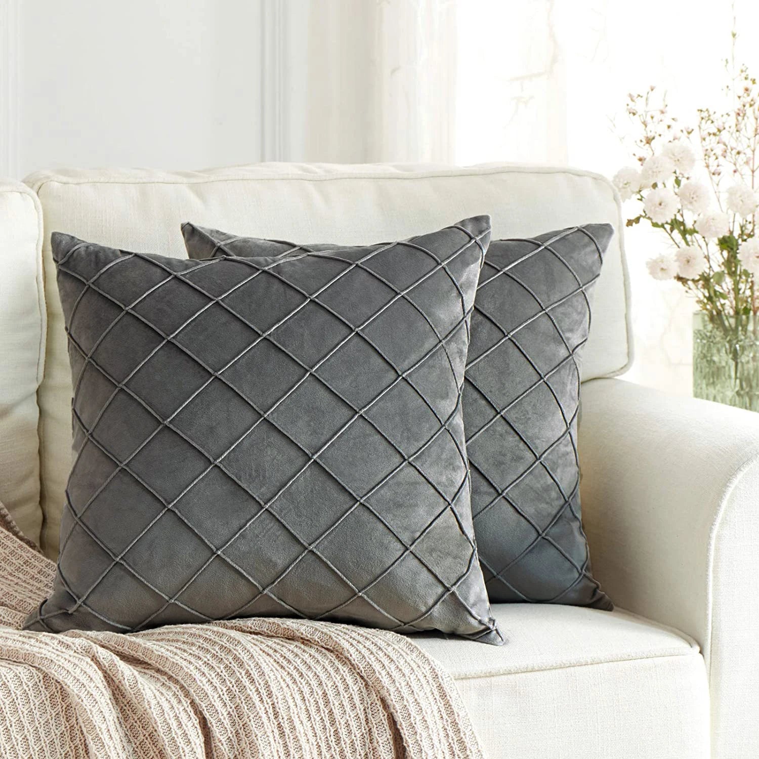 Pewter retro velvet cushion cover with diamond pattern – vintage luxe design, perfect for adding comfort and style to any space.