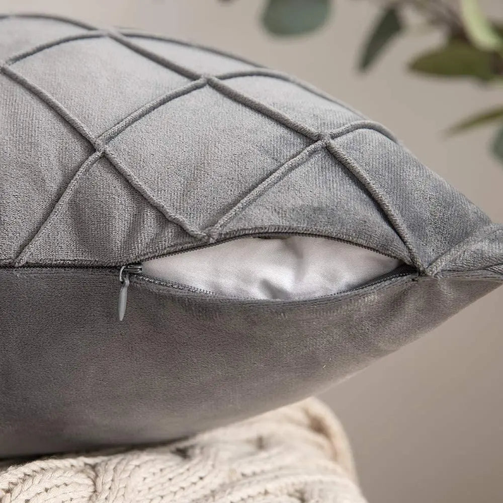 Pewter retro velvet cushion cover with diamond pattern – vintage luxe design, perfect for adding comfort and style to any space.