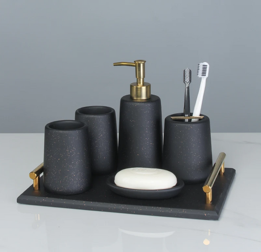 Elegant Resin Bath Accessories Set for Modern Bathroom Decor - Includes Soap Dispenser, Toothbrush Holder, and Tray