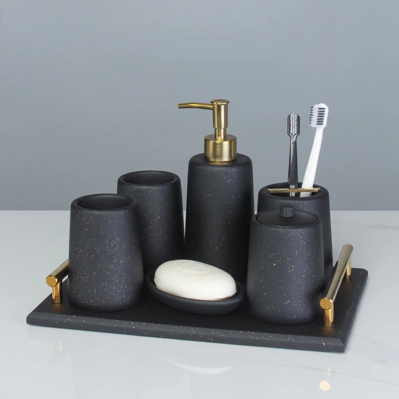 Elegant Resin Bath Accessories Set for Modern Bathroom Decor - Includes Soap Dispenser, Toothbrush Holder, and Tray