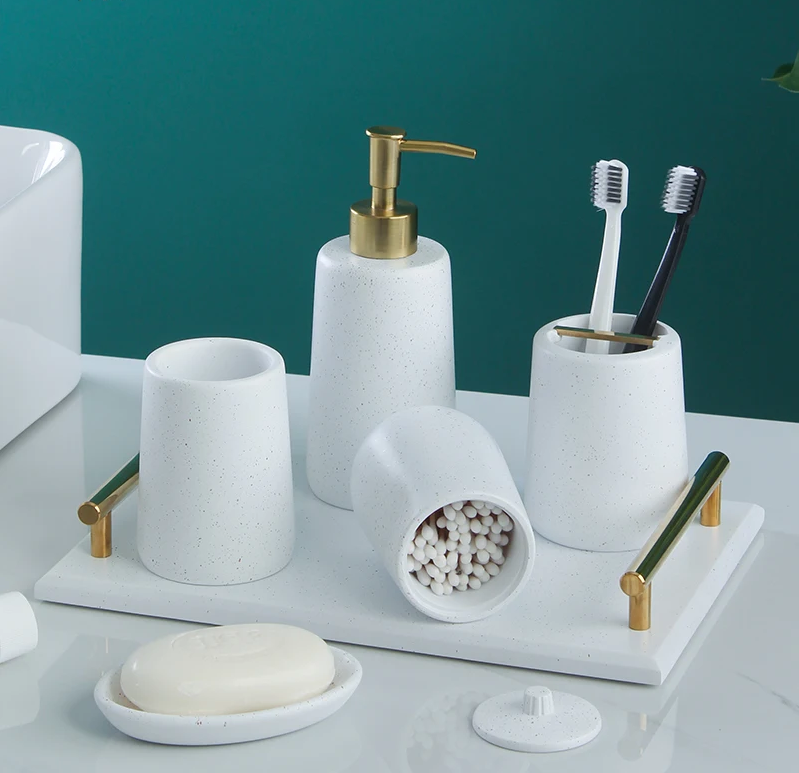 Elegant Resin Bath Accessories Set for Modern Bathroom Decor - Includes Soap Dispenser, Toothbrush Holder, and Tray